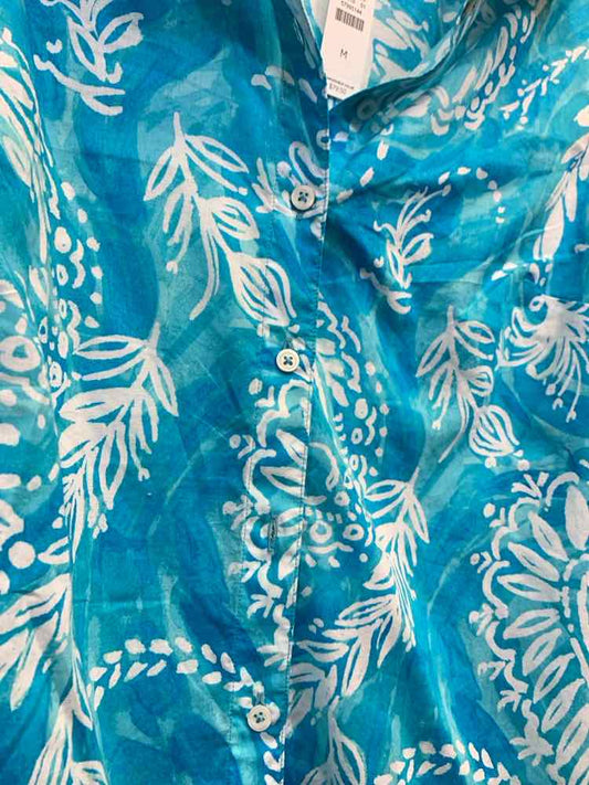 PRE-OWNED TALBOTS Tops Size M WHT/BLU FERNS 3/4 SLEEVE BUTTON UP Shirt