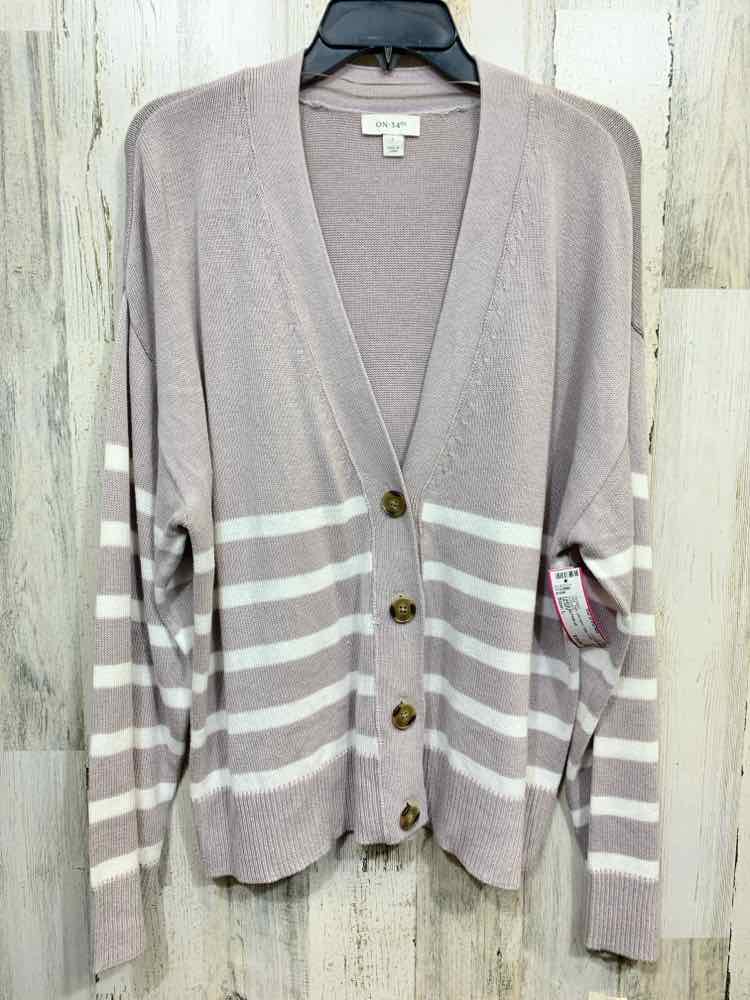 NWT ON 34TH Size L GRY/WHT Stripe LONG SLEEVES/V NECK BUTTON UP LONG CARDIGAN
