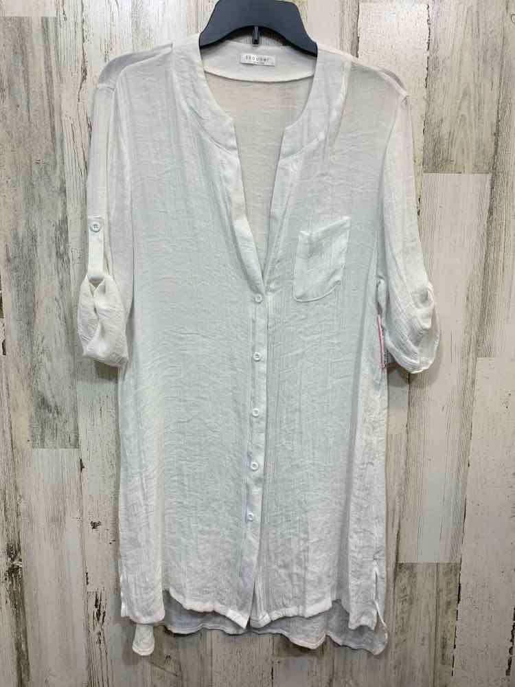 PRE-OWNED EKOUAER Tops Size L White Solid BUTTON UP Shirt/WHITE SHEER LONG SLEEV