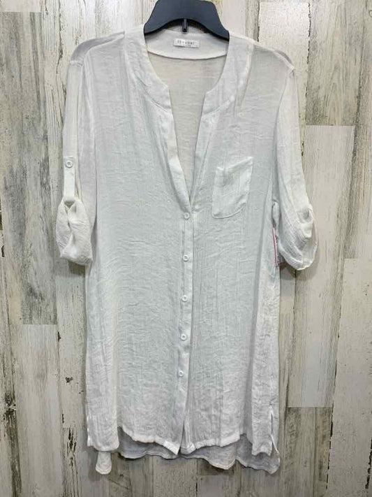 PRE-OWNED EKOUAER Tops Size L White Solid BUTTON UP Shirt/WHITE SHEER LONG SLEEV