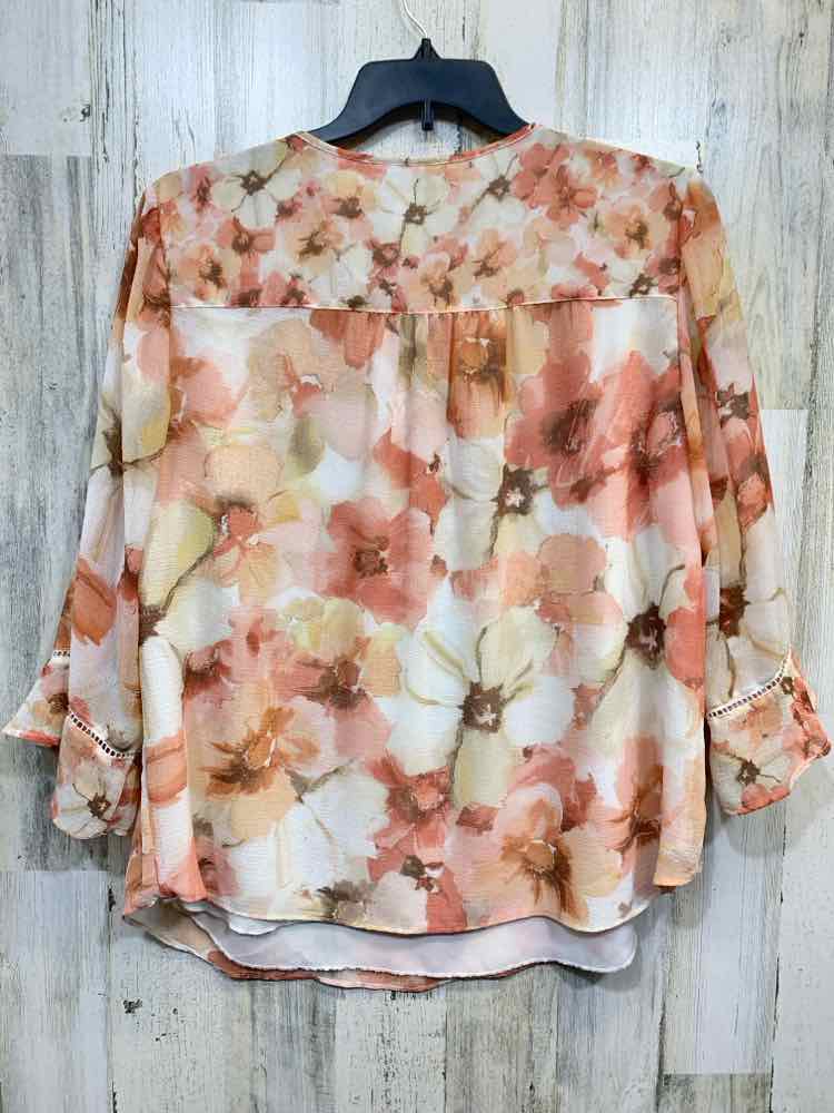 PRE-OWNED ALFRED DUNNER Tops Size 18W PCH/WHT/YLW/BGE SHEER Floral TOP/CREW NECK