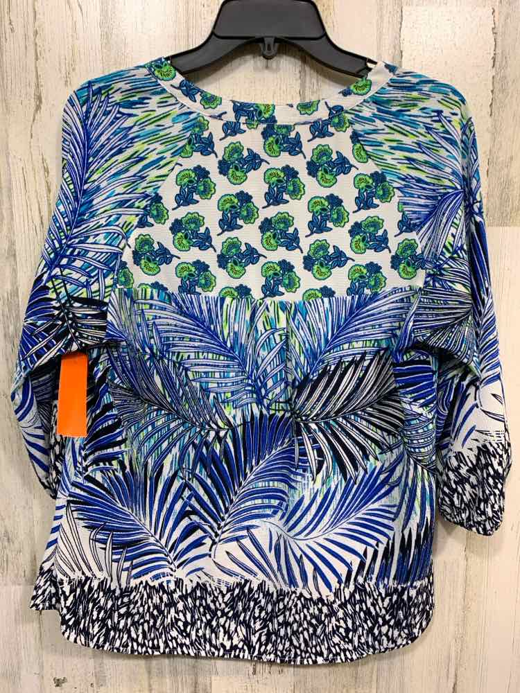 PRE-OWNED NEW DIRECTIONS Tops Size PL BLU/WHT/BLK PALM TREES 3/4 SLEEVE Blouse