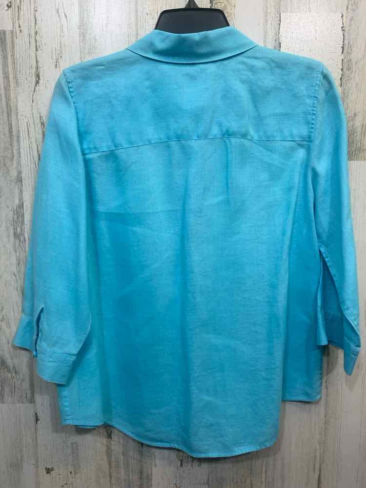 PRE-OWNED CHICO'S Tops Size 0 AQUA LINEN Solid BUTTON UP Shirt/AQUA BLUE LONG SL