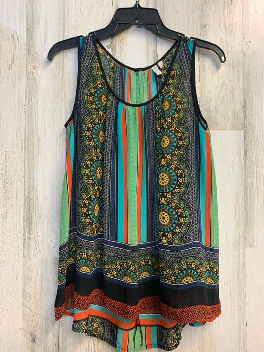 MADISON Tops Size M BLU/BLK/ORG/AQUA SHEER STRIPE/MEDALION SLEEVELESS TOP