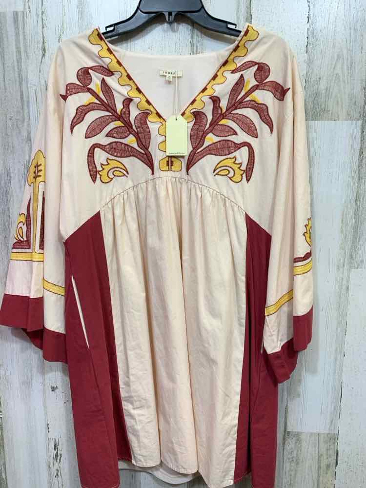 NWT JODIFL Size L Dresses CREAM/YELLOW/BURGUNDY EMBROIDERED BELL SLEEVES DRESS