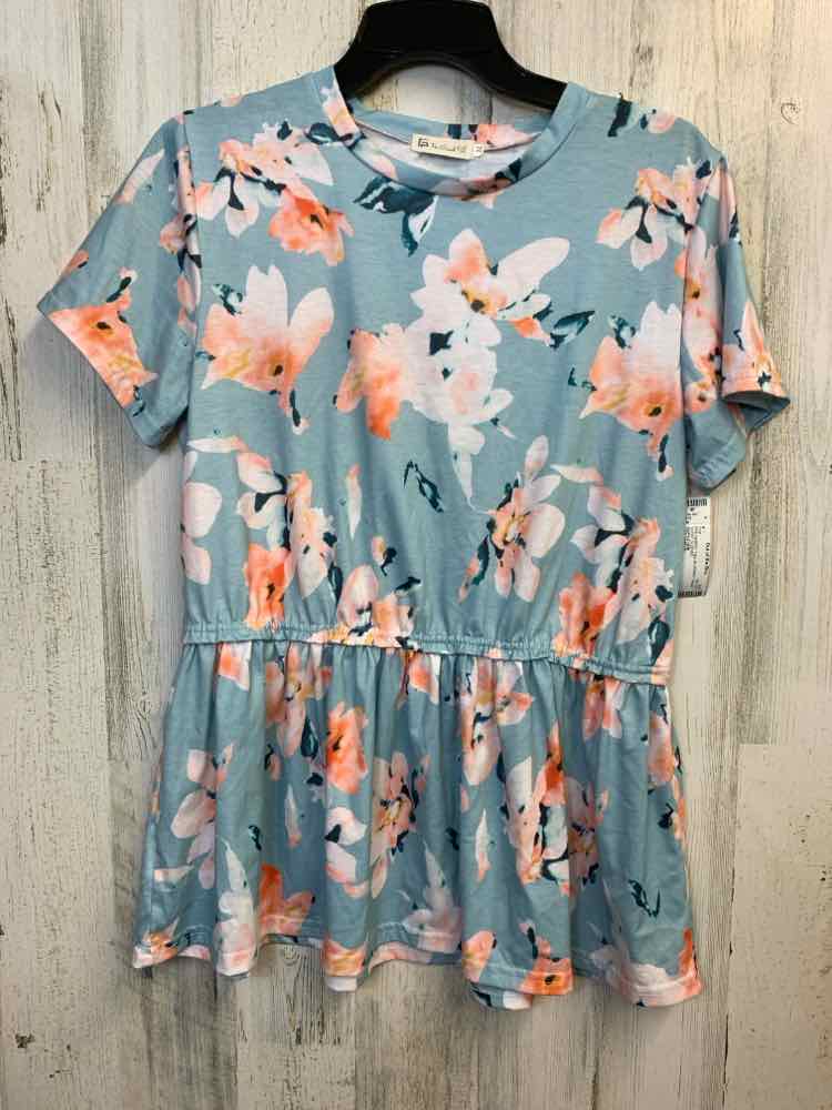 PRE-OWNED FOR GAND PL Tops Size M BLUE/WHT Floral SHORT SLEEVES TOP