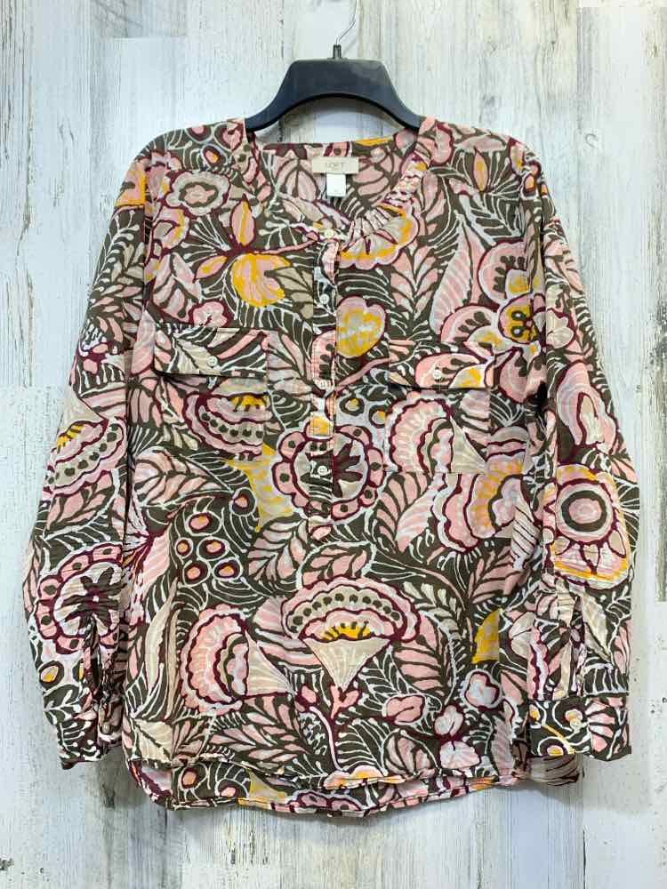 PRE-OWNED LOFT Tops Size XL OLIVE/YELLOW/WINE/PINK TROPICAL LONG SLEEVES TOP/LON