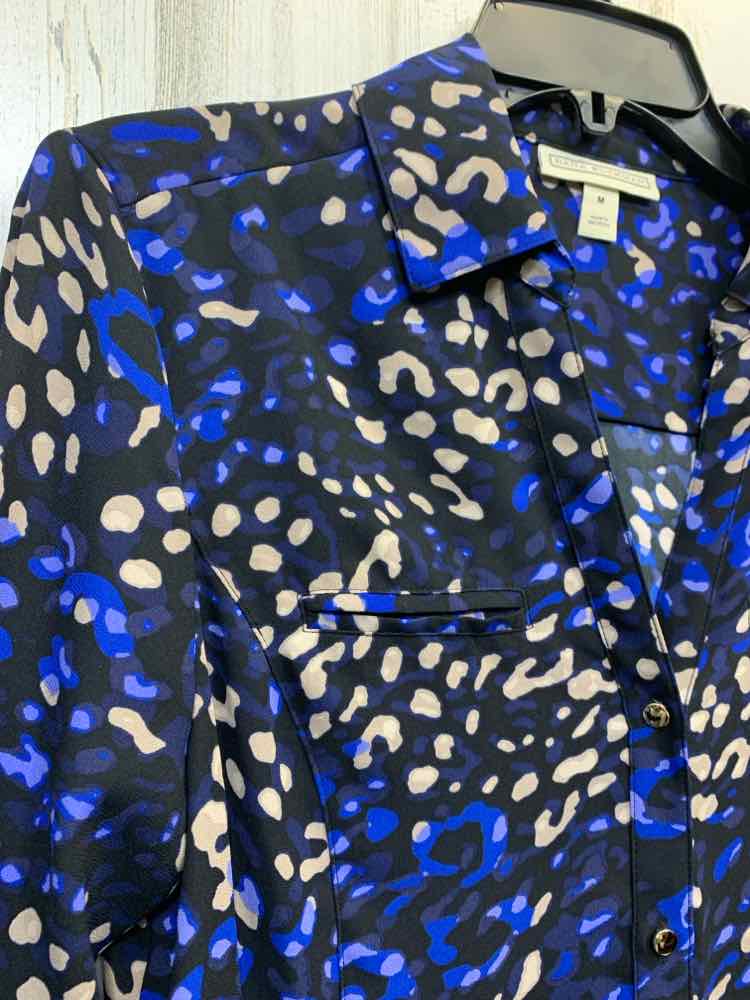 PRE-OWNED DANA BUCHMAN Tops Size M BLACK/BLUE/TAN CHEETAH BUTTON UP TOP/BUTTON U