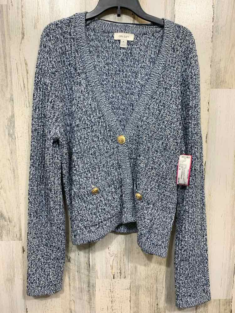 NWT ON 34TH Size M WHT/NVY/BLU WAFFLE KNIT LONG SLEEVES/MARLED BUTTON  Cardigan