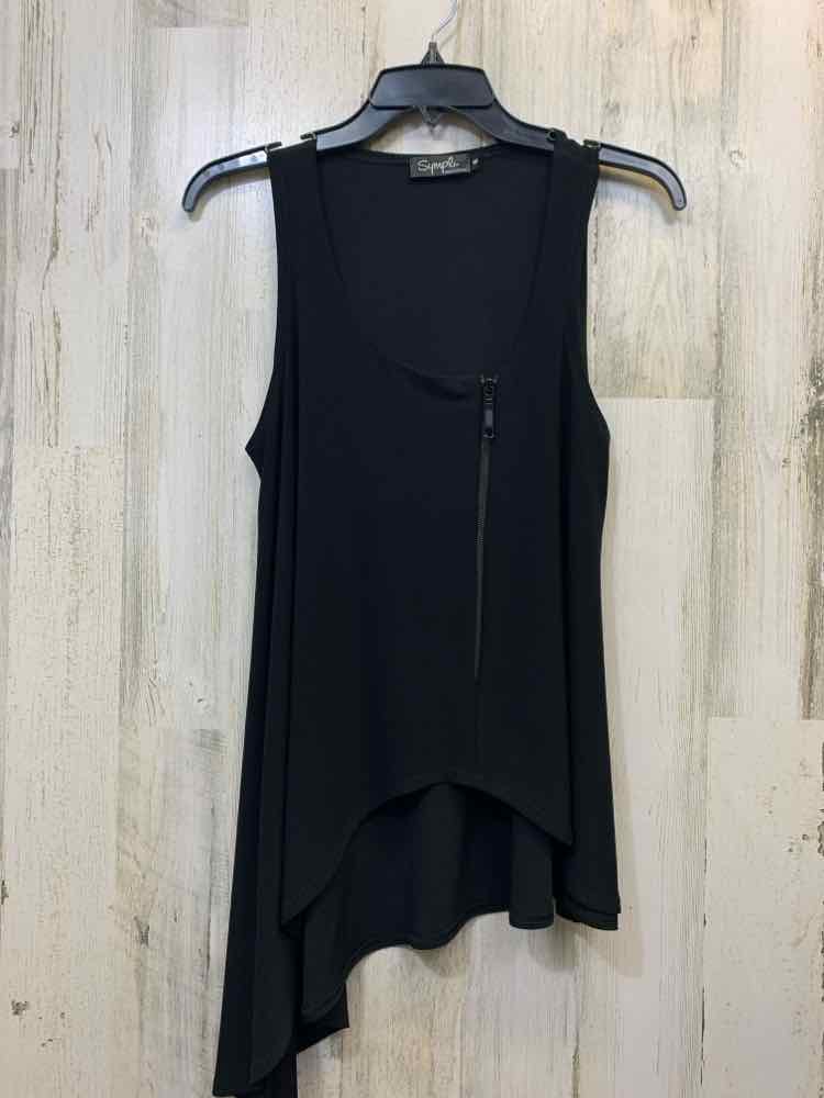 SIMPLIFY Tops Size 6 Black ELASTIC SLEEVELESS ZIPPED FRONT LONG SIDE