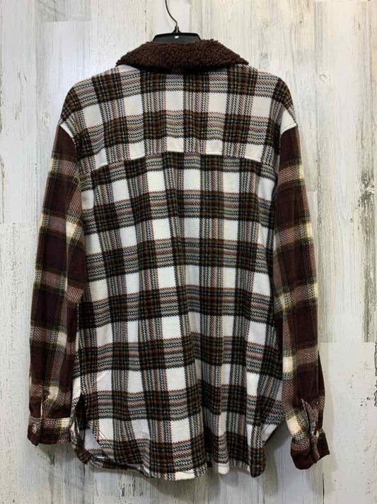 NWT JUST POLLY Tops Size M BRN/WHT Plaid LONG SLEEVES Shirt