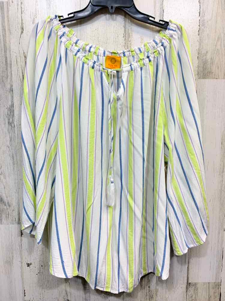 PRE-OWNED RUBY RD PLUS SIZES Size 1X WHT/BLU/YEL STRIPES 3/4 SLEEVE Blouse