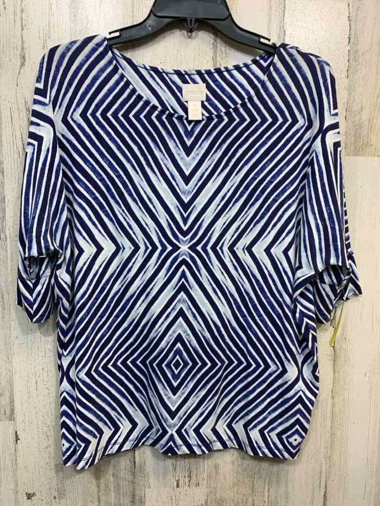 PRE-OWNED CHICO'S Tops Size 2 WHT/BLU/NVY Geometric 3/4 SLEEVE Blouse