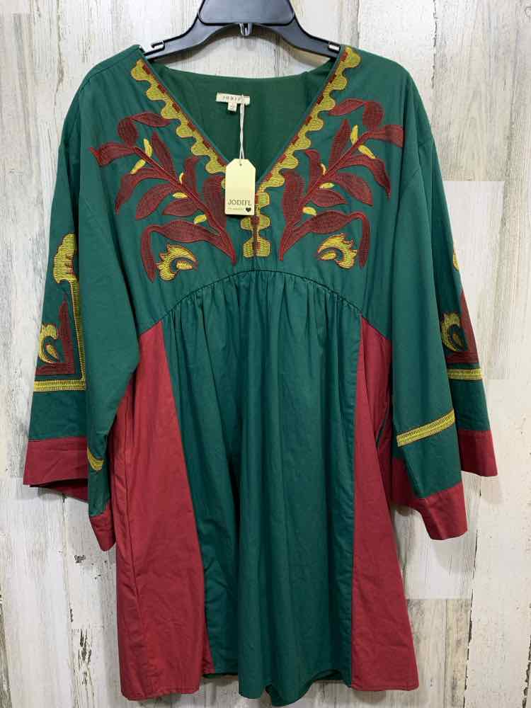 NWT JODIFL Size M Dresses CREAM/YELLOW/BURGUNDY EMBROIDERED BELL SLEEVES DRESS