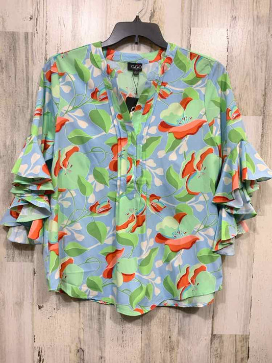 NWT GIGIO Tops Size S BLU/GRN/ORNG Floral 3/4 SLEEVE/PLEATED V NECK Blouse