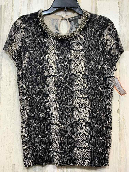 PRE-OWNED INC Size XL Tops BLK/GRY/BGE SNAKE PRINT SHORT SLEEVES/BEADED NECKLINE