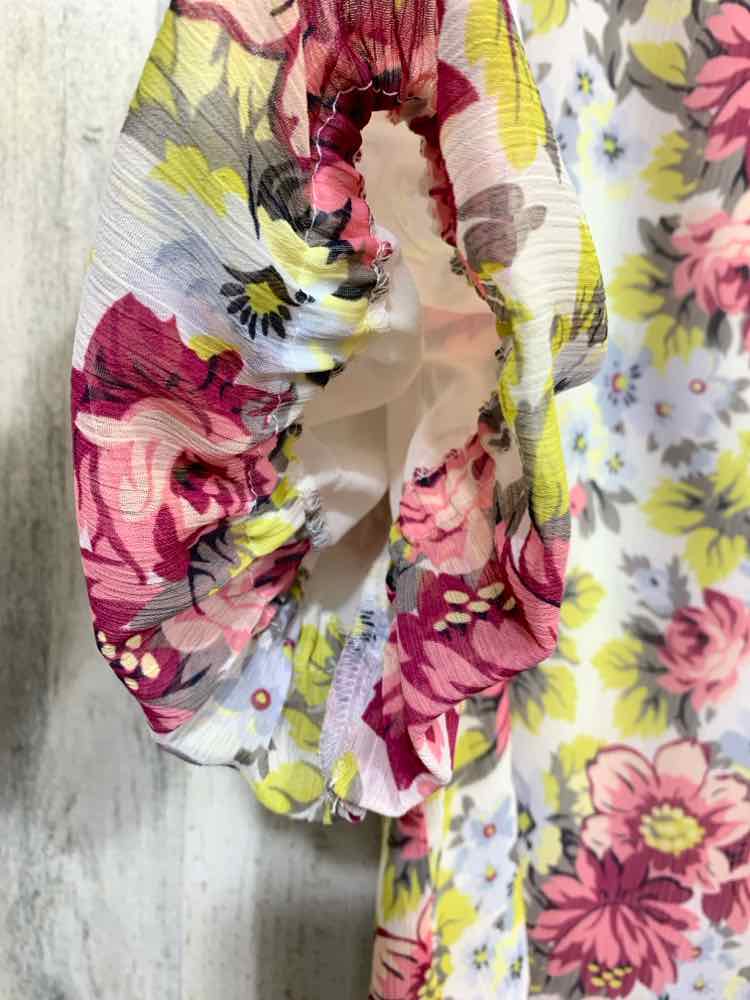 PRE-OWNED CATO Tops Size L WHT/YLLW/MAROON/PINK Floral 3/4 SLEEVE Blouse/FLORAL