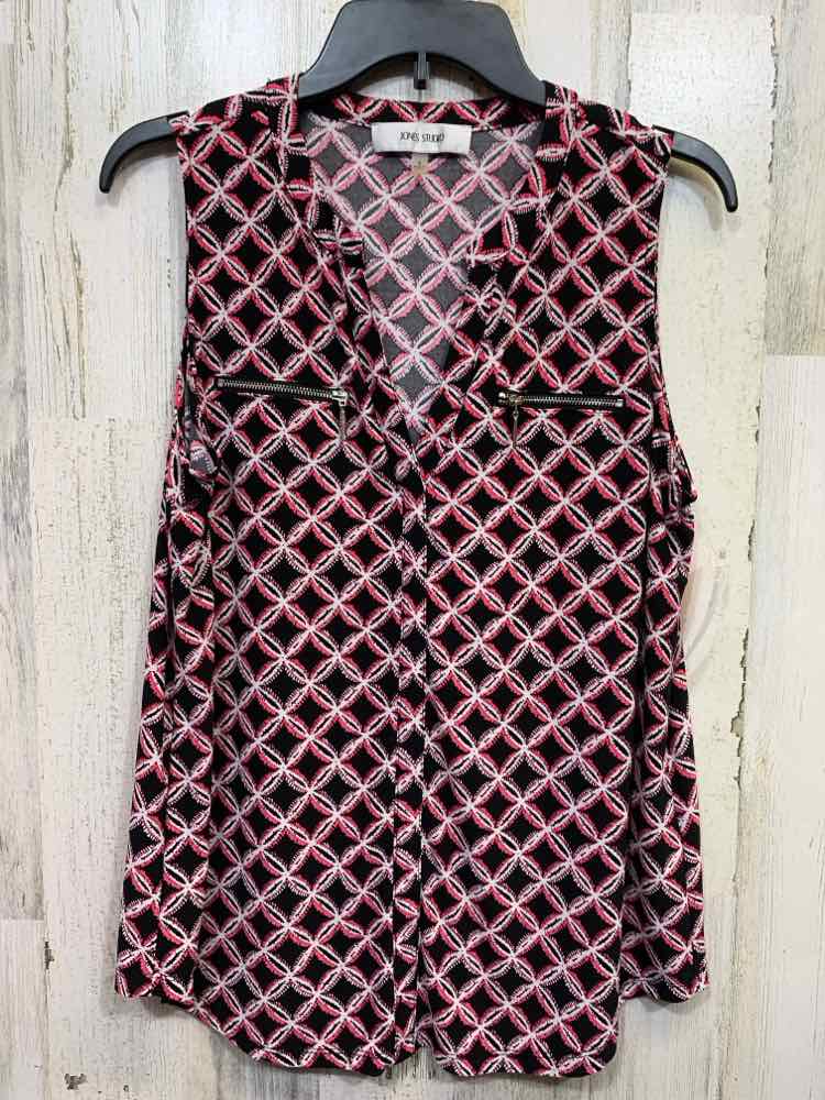 PRE-OWNED JONES STUDIO Tops Size M BLK/WHT/PNK SLEEVELESS Blouse/V NECK/BUST ZIP