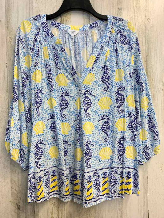 PRE-OWNED CROFT & BARROW Tops Size 1X WHT/BLU/YLW SEAHORSES LONG SLEEVES TOP