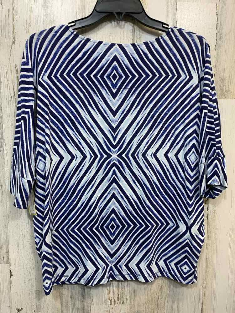 PRE-OWNED CHICO'S Tops Size 2 WHT/BLU/NVY Geometric 3/4 SLEEVE Blouse