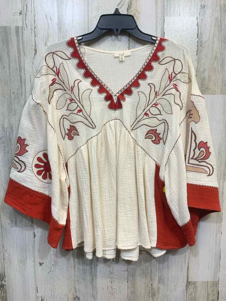 PRE-OWNED EASEL Tops Size S CREAM/CORAL STEM(S) PONCHO Blouse/PONCHO TOP W/ FLOU