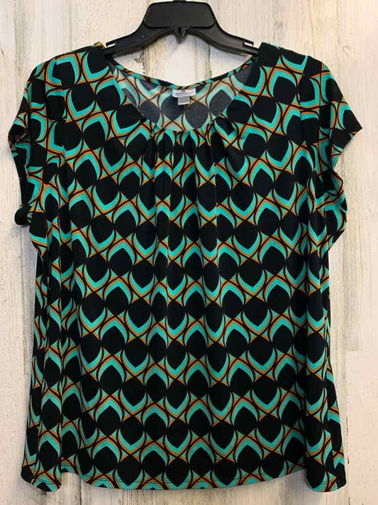PRE-OWNED WORTHINGTON PLUS SIZES Size 3X BLK/AQUA PATTERN SHORT SLEEVES TOP