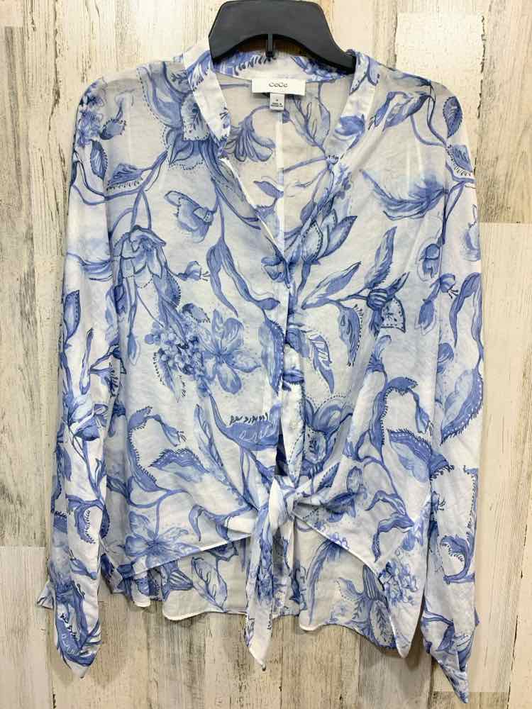 PRE-OWNED CE CE Tops Size XL WHT/BLU Floral LONG SLEEVE/BUTTON UP V NECK SHIRT