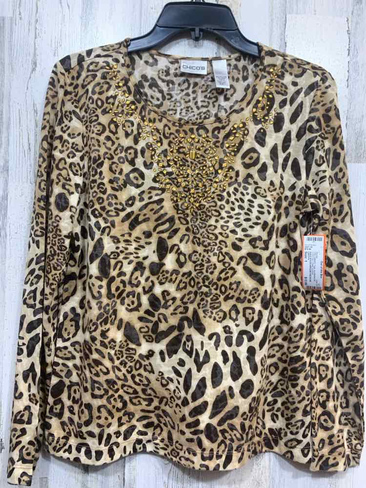 PRE-OWNED CHICO'S Size 1 Tops BLK/BRN/TAN CHEETAH LONG SLEEVE BLOUSE