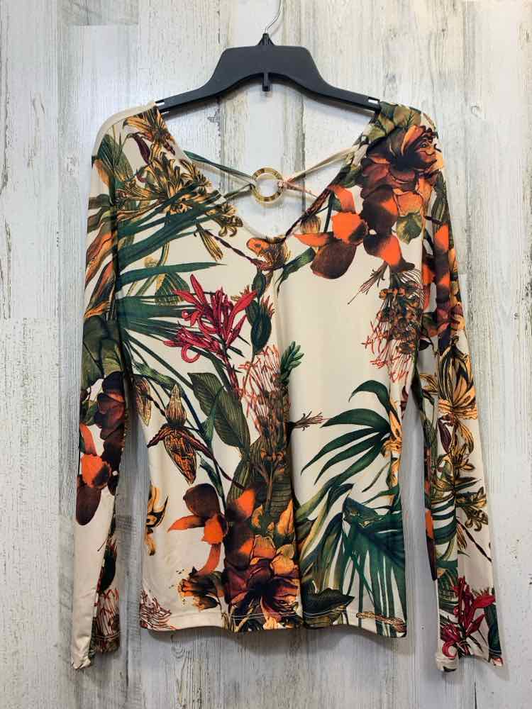 PRE-OWNED LASCANA Tops Size M CREAM/GREEN/ORANGE TROPICAL LONG SLEEVES TOP/LONG