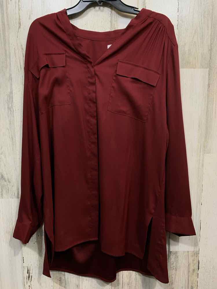 PRE-OWNED CHICO'S DRK RED LONGSLEEVE BUTTON-DOWN TOP COLLARLESS