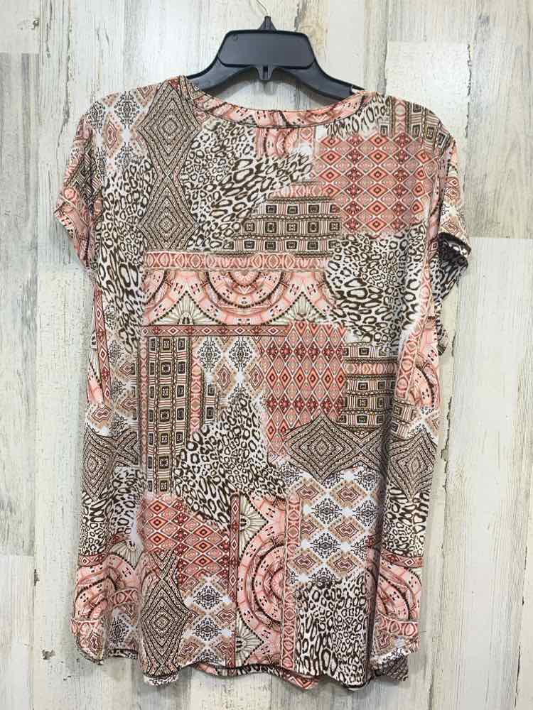 PRE-OWNED LINKS Tops Size XL WHITE/PINK/BROWN TRIBAL SHORT SLEEVES TOP/V CUT NEC