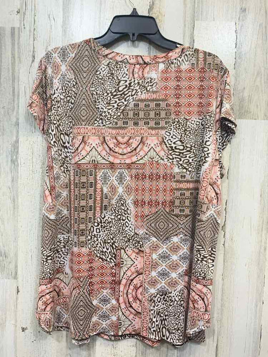 PRE-OWNED LINKS Tops Size XL WHITE/PINK/BROWN TRIBAL SHORT SLEEVES TOP/V CUT NEC