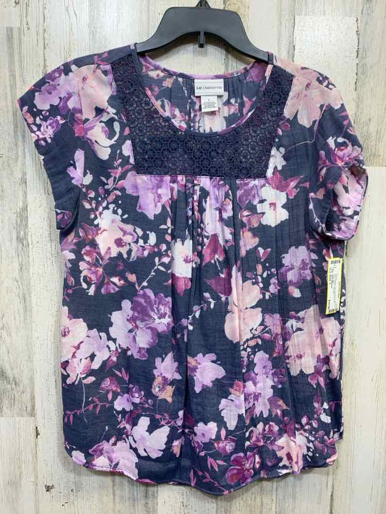 PRE-OWNED LIZ CLAIBORNE Tops Size L BLK/BGE/PNK Floral SHORT SLEEVES Blouse