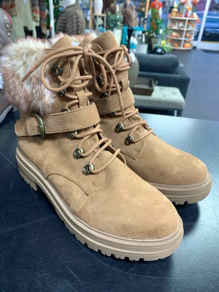 NWT SUN & STONE SHOES Shoe Size 8.5 Brown ANKLE BOOTS BUCKLE FRONT ORLENAAF FUR