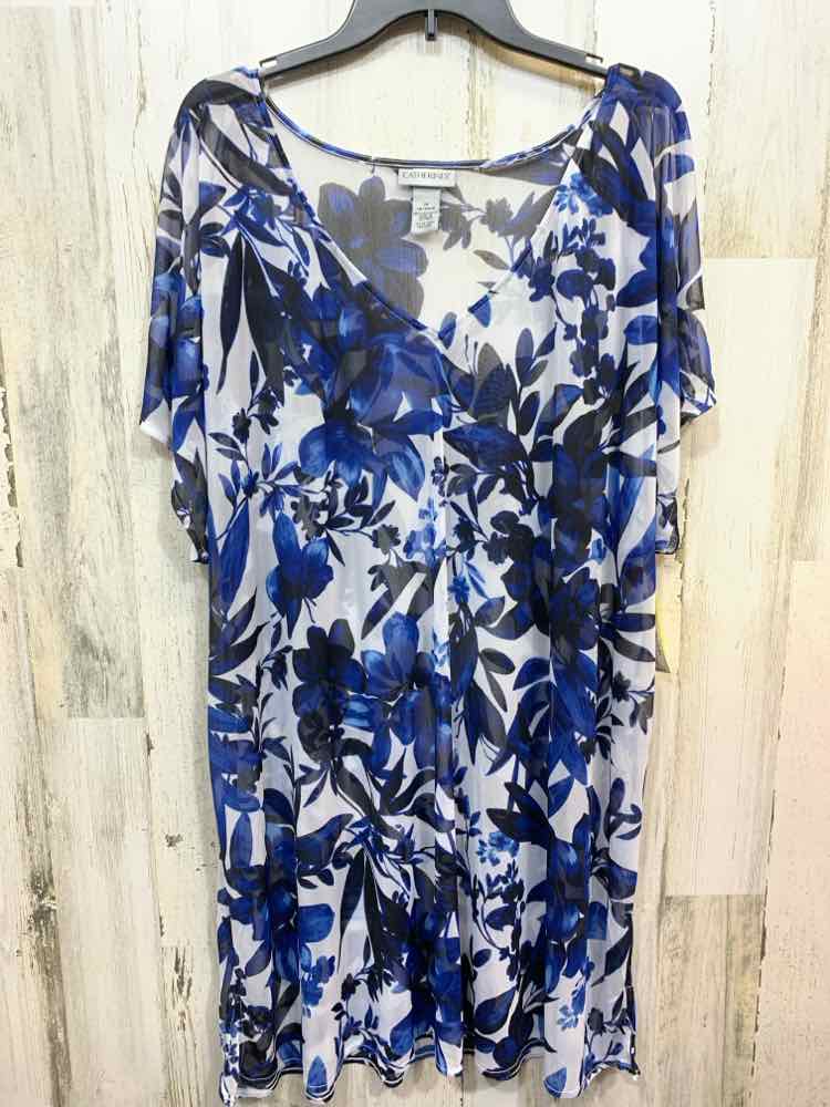 PRE-OWNED CATHERINE Size 1X BLU/BLK/WHT polyester Floral FLOWY Blouse/V NECK SHE