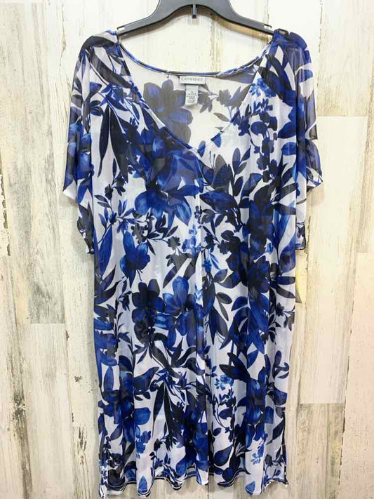 PRE-OWNED CATHERINE Size 1X BLU/BLK/WHT polyester Floral FLOWY Blouse/V NECK SHE