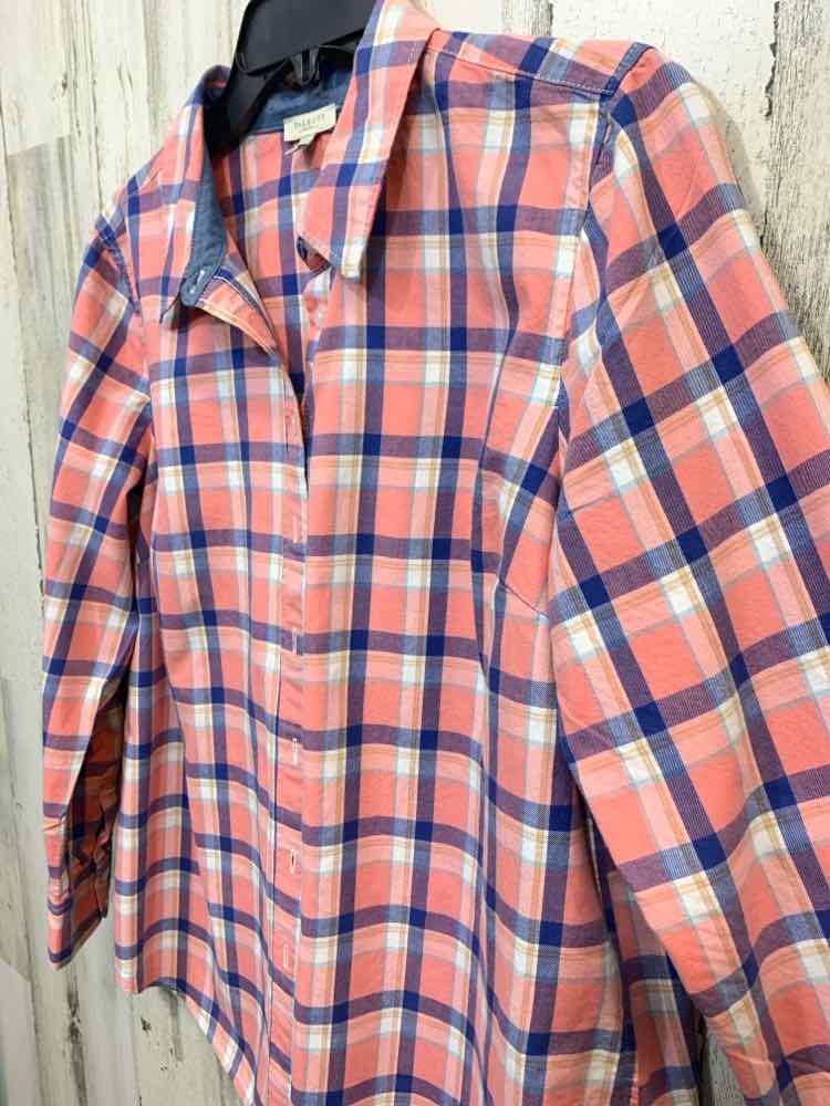 PRE-OWNED TALBOTS Size L Tops WHT/NVY/CORAL BUTTON UP Plaid LONG SLEEVES Shirt