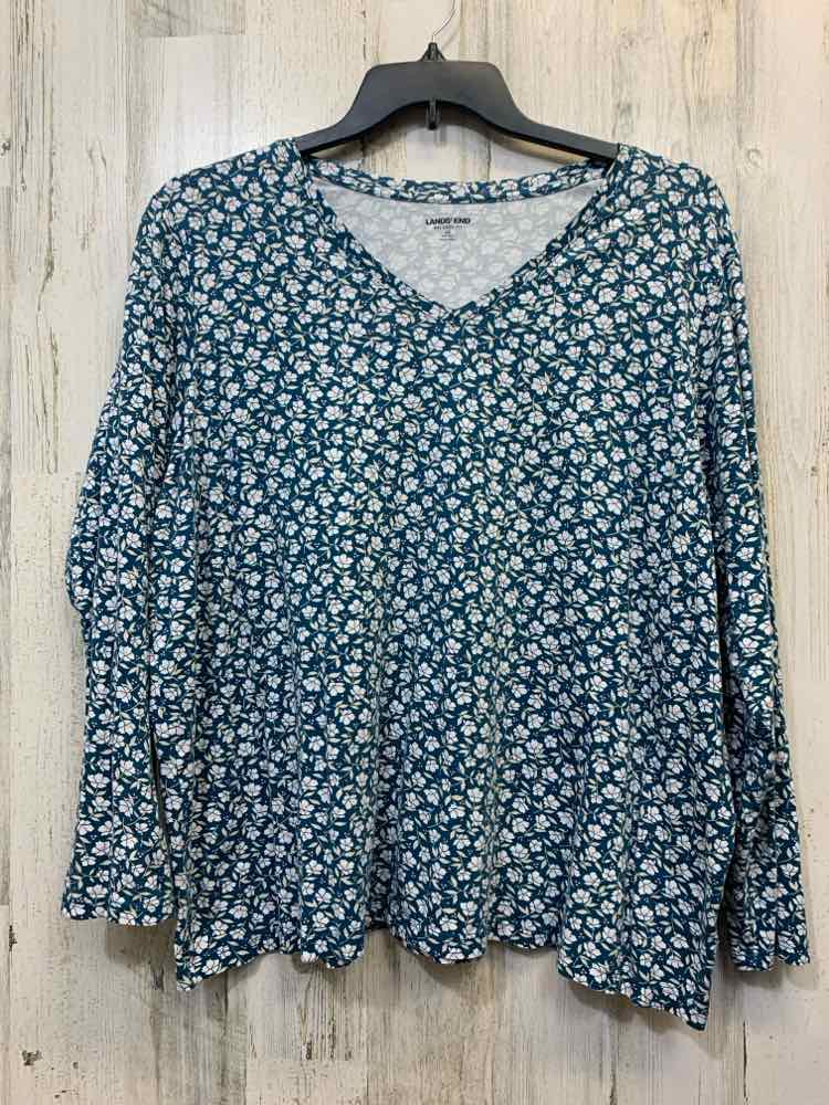 PRE-OWNED LANDS END PLUS SIZES Size 2X WHT/TEAL Floral LONG SLEEVES TOP/V NECK