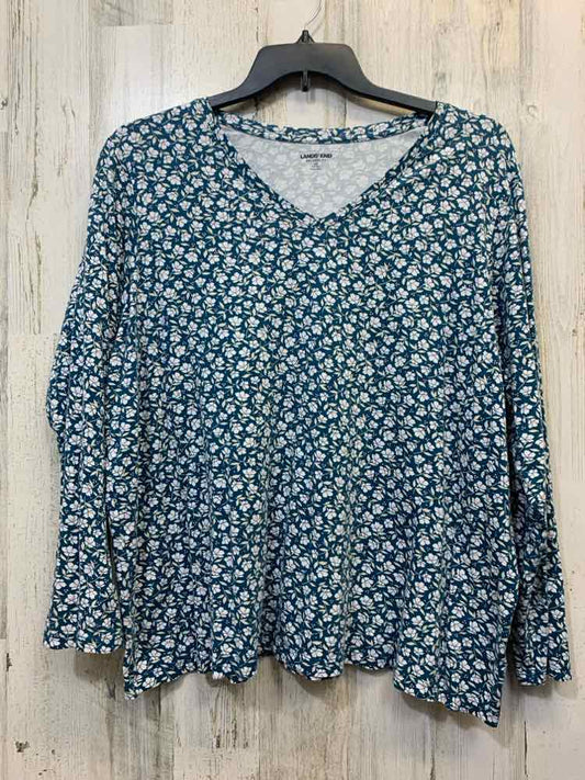 PRE-OWNED LANDS END PLUS SIZES Size 2X WHT/TEAL Floral LONG SLEEVES TOP/V NECK