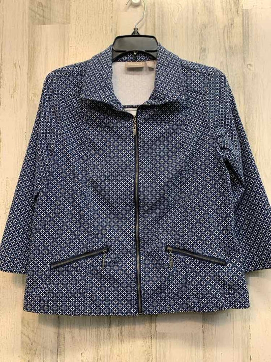 CHICOS Tops Size 1 BLU/WHITE Geometric JACKET Jacket