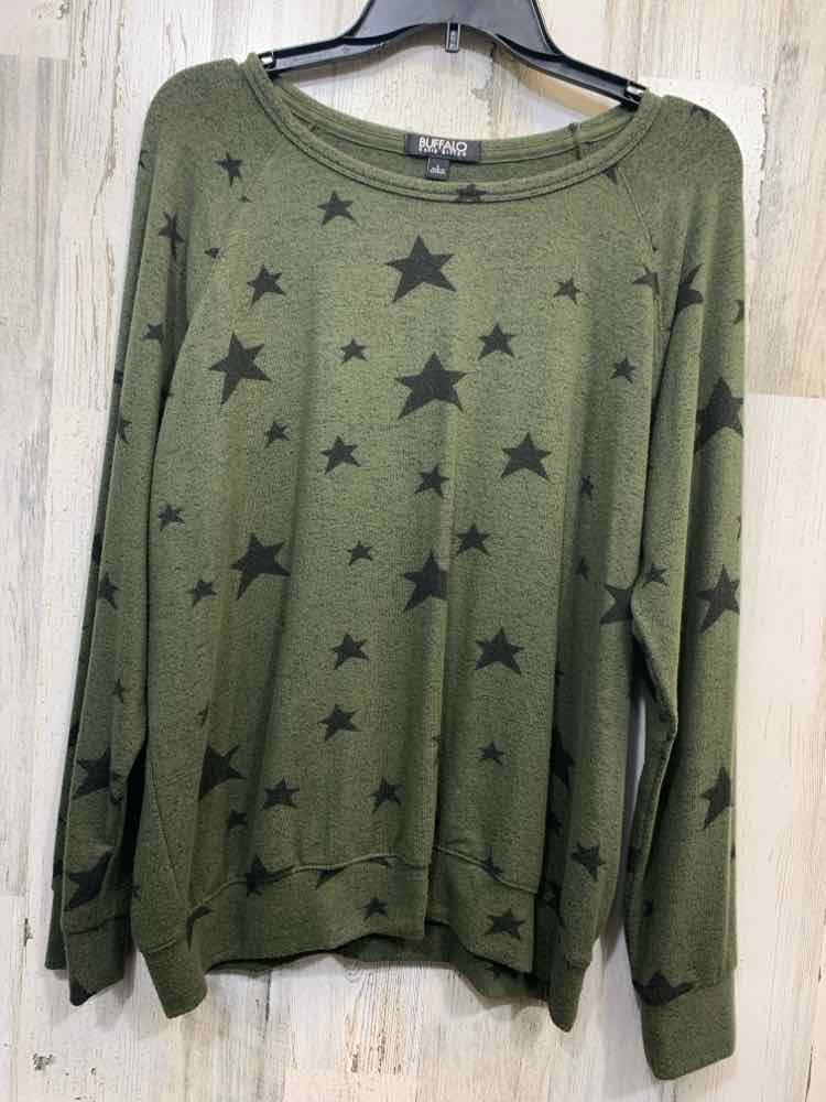 PRE-OWNED BUFFLO Tops Size L OLIVE/BLK STARS LONG SLEEVE Sweater/OLIVE/BLACK W/