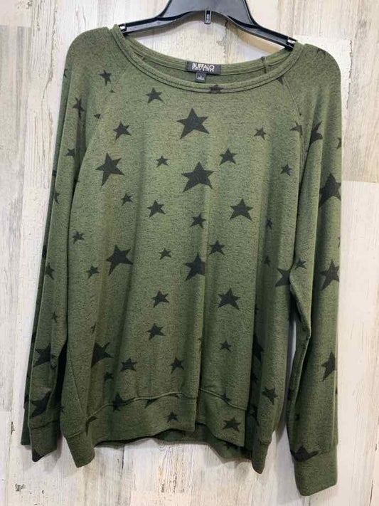 PRE-OWNED BUFFLO Tops Size L OLIVE/BLK STARS LONG SLEEVE Sweater/OLIVE/BLACK W/