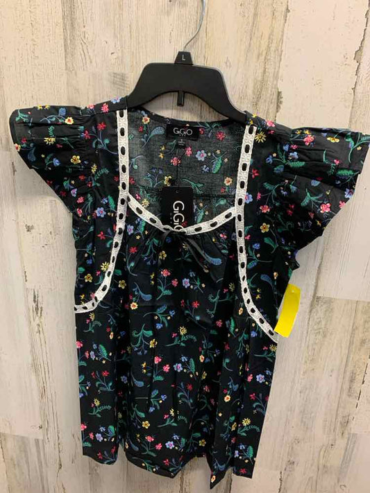 NWT GIGIO Tops Size S BLK/GRN/RED Floral SQUARE COLLAR /SELF TIE SATIN RIBBON AC