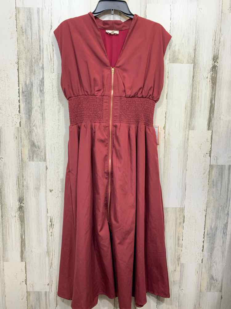 PRE-OWNED ENTRO/ZIP-FRONT SMOCKED WAIST CAP SLEEVE MIDI