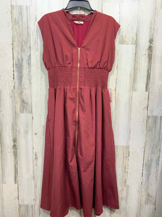 PRE-OWNED ENTRO/ZIP-FRONT SMOCKED WAIST CAP SLEEVE MIDI