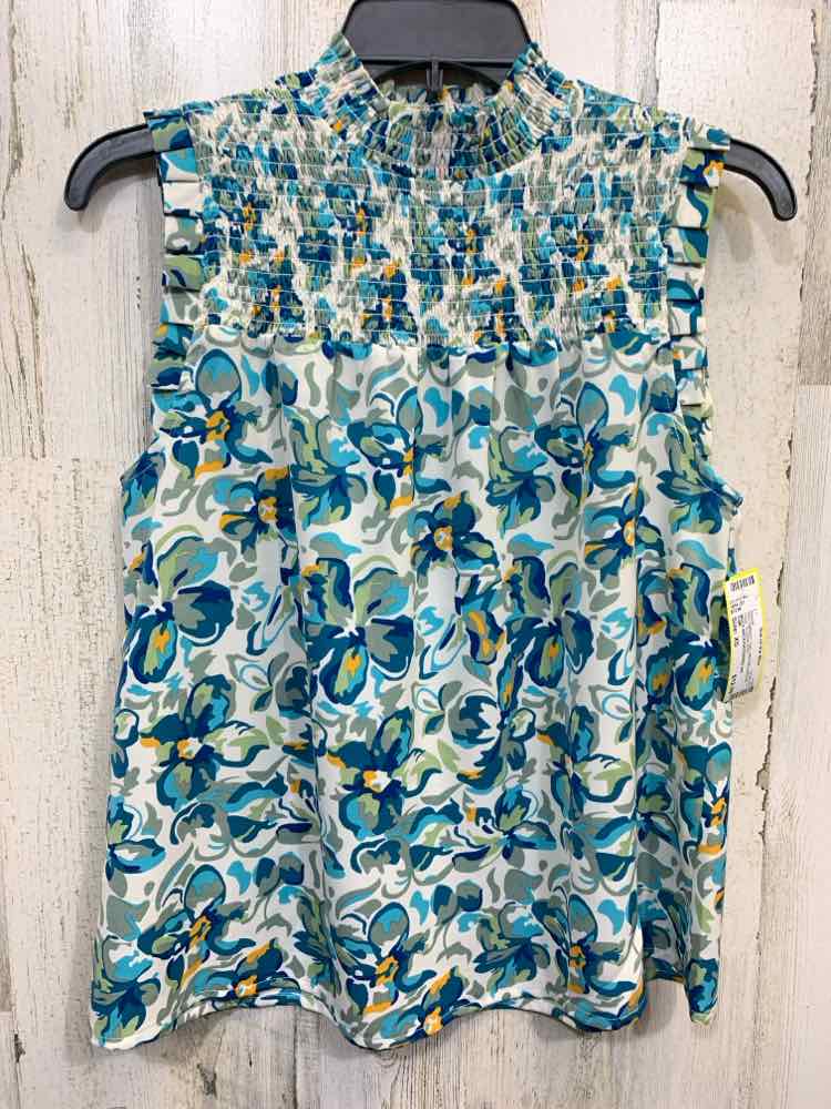 PRE-OWNED THML Tops Size XS WHT/BLU/AQUA Floral SLEEVELESS/MOCK NECK Blouse