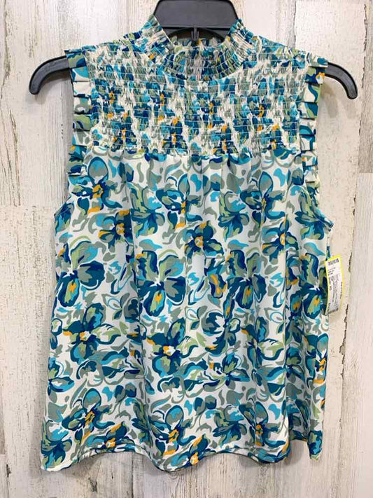 PRE-OWNED THML Tops Size XS WHT/BLU/AQUA Floral SLEEVELESS/MOCK NECK Blouse