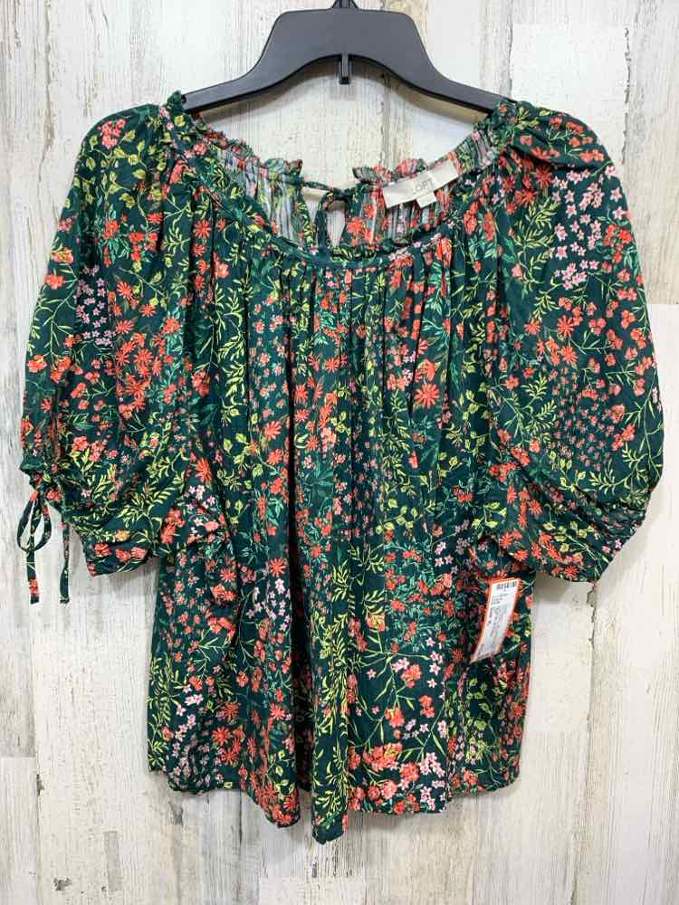 PRE-OWNED LOFT Tops Size XL GRN/WHT/PNK Floral PUFF SLEEVES Blouse