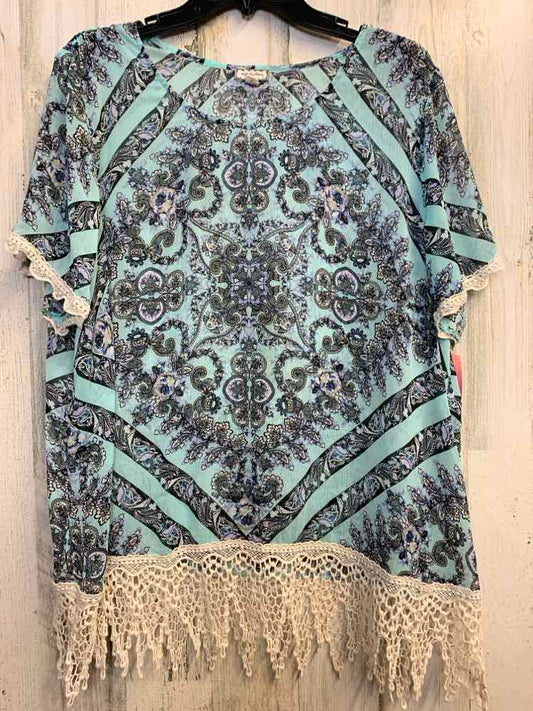 EYESHADOW PLUS SIZES Size 2X MINT/BLK SHEER FILIGREE SHORT SLEEVES TOP