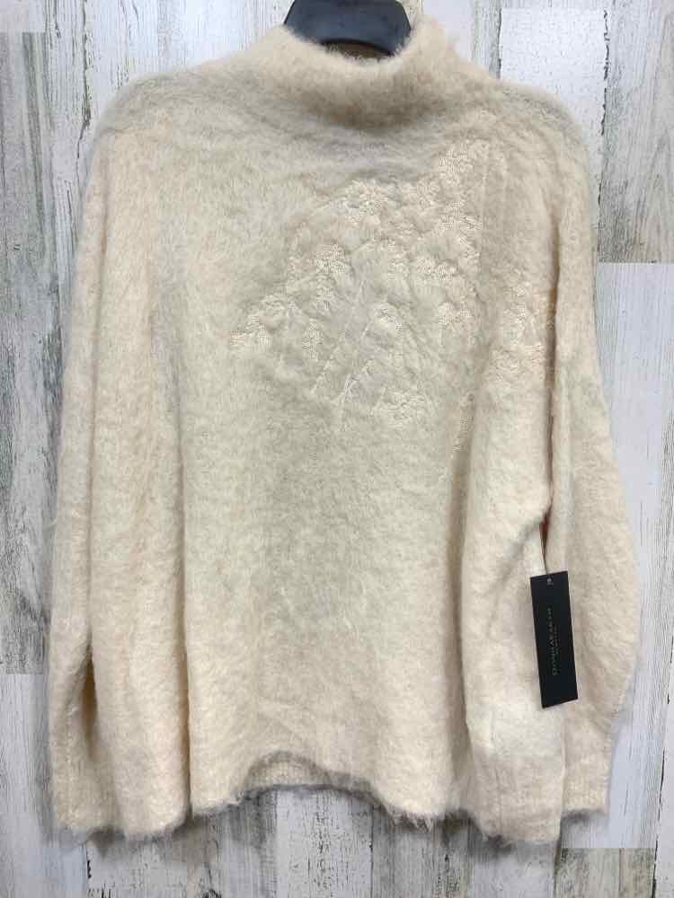 NWT DONNA KARAN Size L Tops Cream FUZZY LONG SLEEVE/SEQUIN W/MOCK NECK SWEATER